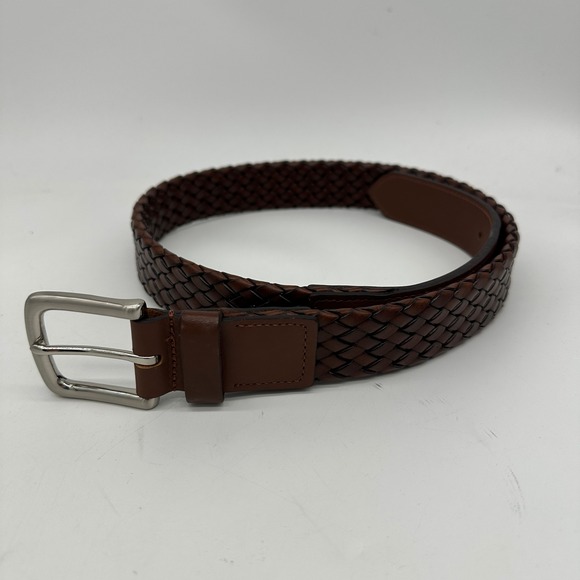Vineyard Vines Other - Vineyard Vines Mens Woven Leather Belt 32 Brown Solid Brass Buckle Braided Dress